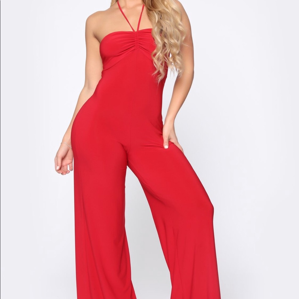 Red halter jumpsuit.